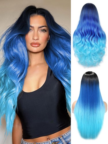 Parrucche ondulate blu lunghe